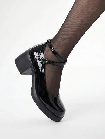 ROMWE Kawaii Elegant Mary Jane High Heels With Crossed Buckle, Shiny Black Fashion Leather Shoes