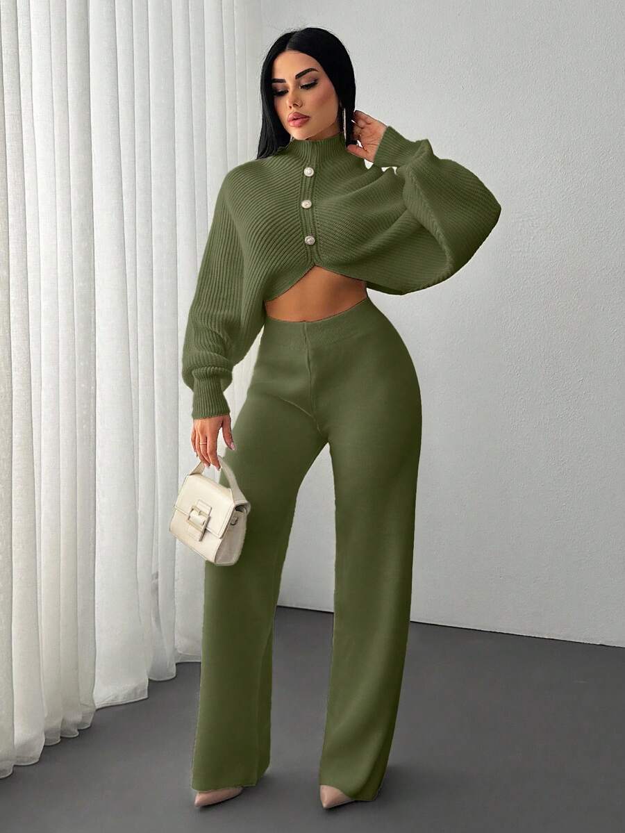 EURMUSE 2 Pieces Ribbed Knit Lounge Set Featuring Asymmetrical Sweater With Decorative Bow Accents And Matching High-Waisted Pants - Army Green - View 1
