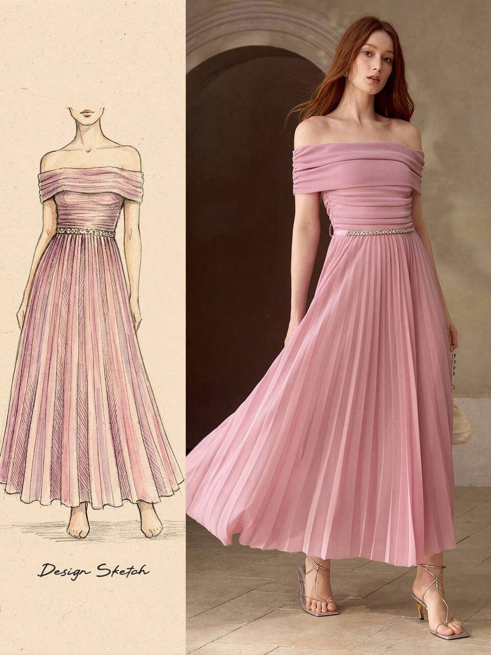 WOMEN'S OFF-SHOULDER RUCHED PLEATED MIDI DRESS