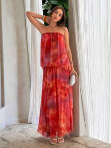 Firerie Women's Elegant Tropical Romantic Beach Vacation Party Date Afternoon Tea Sister Gathering Braided Red Orange Print Mesh Sheer Draped Tube Top Dress - Multicolor - View 12