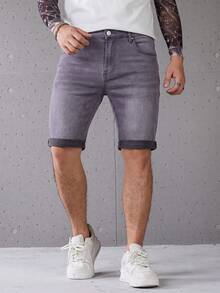 Manfinity Homme 男款腰部鈕扣拉鍊口袋捲邊時尚牛仔短褲 - 淺灰紫 - 查看 8
