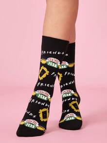 FRIENDS X SHEIN 1雙女款筒襪，字母邊緣與鑰匙印花 - 黑色 - 查看 1