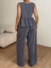 Dazy Plus Blogger Style Casual 2-Piece Set, V-Neck Sleeveless Crop Top And Elastic Waist Loose Long Pants, Plus Size Women Spring/Summer - Dark Grey - View 9