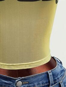 BamGleam Women's Letter Print Slim Fit Versatile Daily Outing Vacation Top Green And Yellow Summer Street Wear 2000s Y2k Night - Yellow - View 7