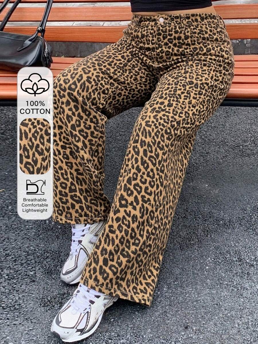 Dazy Plus 大码女式宽松直筒豹纹牛仔裤，松紧腰带，休闲街头风，适合所有季节 - 卡其色 - 查看 1