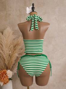 Bellisia Women's 2-Piece Green Textured Fabric Pleated Ruffle Hem Top With Side Drawstring Bikini Bottoms Swimsuit Set For Summer Beach - Green - View 2