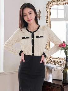 DAZY Spring Summer Autumn Round Neck Long Sleeve Apricot Color 3D Jacquard Fabric Slim Fit Women's T-Shirt School - White - View 6