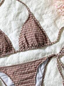 Swim Mod Women's Spring/Summer Jacquard Fabric Halter Neck Tie Bikini Set - Brown - View 4