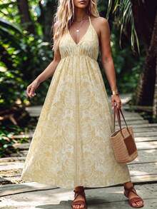 SHEIN LUNE CURVE Plus Size Women's All-Over Print Pleated Casual Boho Party Beach Vacation Halter Neck Tie Dress Yellow Summer - Yellow - View 1