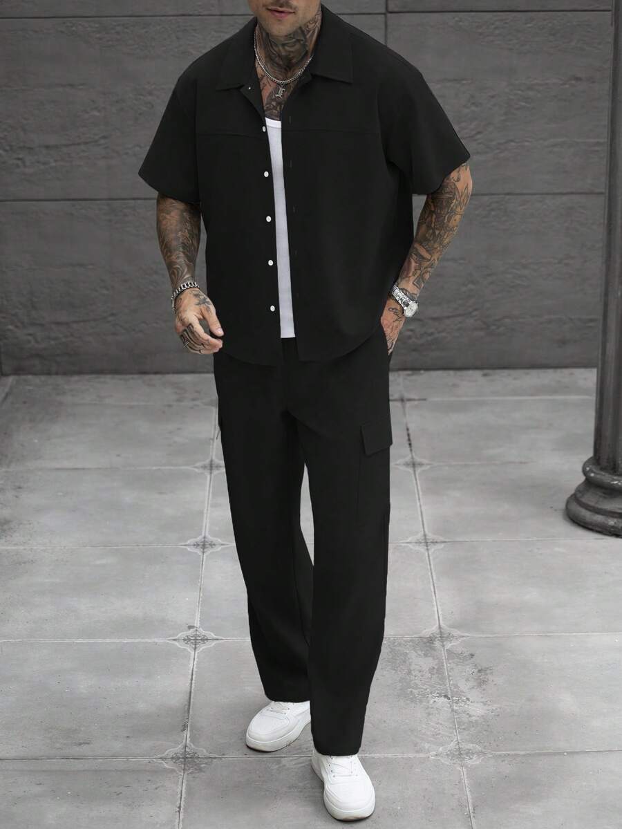 SLATEMANN 男士素色單排扣短袖襯衫與口袋長褲套裝,時尚款 - 黑色 - 查看 1