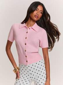 SHEIN BAE Solid Color Lapel Waist-Cinching Slim Fit Short Sleeve Women's Cardigan Sweater - Pink - View 1