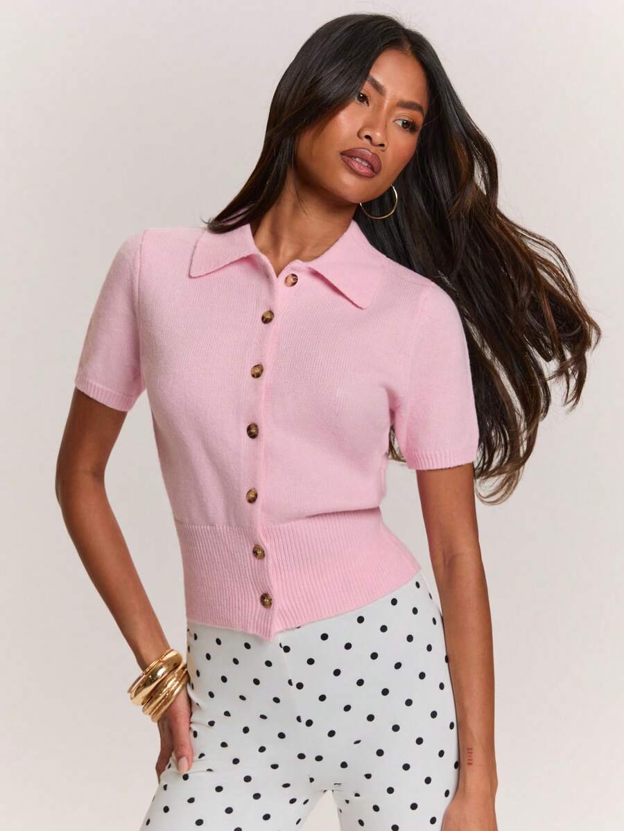 SHEIN BAE Solid Color Lapel Waist-Cinching Slim Fit Short Sleeve Women's Cardigan Sweater - Pink - View 1