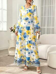 SHEIN Najma 藍黃水彩花卉與幾何仿刺繡蕾絲印花女款時尚V領長袖花卉洋裝，白色底花卉圖案優雅長裙，舒適春夏季女裝 - 彩色 - 查看 3