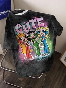 THE POWERPUFF GIRLS X SHEIN Women's Casual Letter & Cartoon Print Short Sleeve T-Shirt, Versatile For Daily Wear - White - View 7
