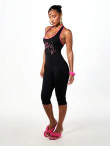BABYPHAT Logo Script Print Halter Neck Backless Capri Jumpsuit Bodycon Fit Y2K Style - Brown - View 6