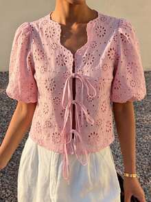 DAZY Textured Embroidered Jacquard Fabric Short Tie Bow Princess Sleeve Elegant Boho Vacation Summer Blouse Women's Shirt Brunch Pink Floral - Pink - View 6