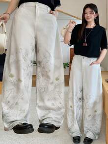 Dazy Plus Quần jeans nữ cỡ lớn màu be, dáng rộng, in họa tiết hoa toàn thân, chất liệu đã qua xử lý, kiểu dáng thường ngày, đa năng, phù hợp cho mọi mùa. - Màu be - Xem 8