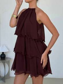 Lavishia Women's Ruffle Hem A-Line Mini Dress, Elegant Sexy For Vacation And Party Night Out Night Out Burgundy Summer - Coffee Brown - View 5