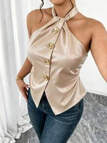 Elenzga 大码亚麻质感褶皱腰部露背吊带衫，优雅百搭，适合通勤、都市出行、约会和聚会。 - 杏色 - 查看 4