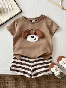 LMoss Kids Baby Boy Knit Solid Color Cute Puppy Pattern T-Shirt And Striped Shorts 2-Piece Set - Brown - View 3
