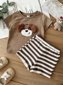 LMoss Kids Baby Boy Knit Solid Color Cute Puppy Pattern T-Shirt And Striped Shorts 2-Piece Set - Brown - View 4