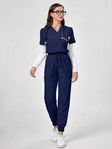 TaskEZ Short Sleeve Top And Long Pants Scrub Uniform Set - Royal Blue - View 6