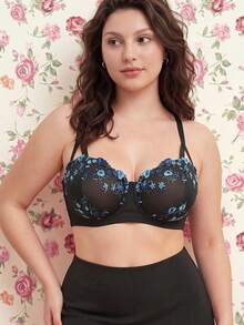 Elorette 1pc Plus Size Mesh Embroidered Underwire Bra Floral Bra Balconette Bra Plus Size Bra Plus Size Push Up Bra Embroidered Bra, Lift - Multicolor - View 7