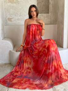 Firerie Women's Elegant Tropical Romantic Beach Vacation Party Date Afternoon Tea Sister Gathering Braided Red Orange Print Mesh Sheer Draped Tube Top Dress - Multicolor - View 9