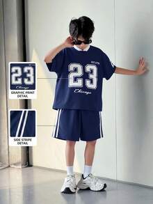 SHEIN 青少年男孩宽松运动短袖和短裤套装 - 藏蓝色 - 查看 3