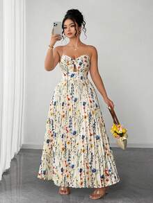 Elenzga Plus Size Women's Elegant Light Color Pleated Bustier Dress With Twisted Chest Design, Elegant Vacation & Home Wear, Slimming Long Dress For Work, Prom, Date, Party, Wedding Season, Outings - Apricot - View 6