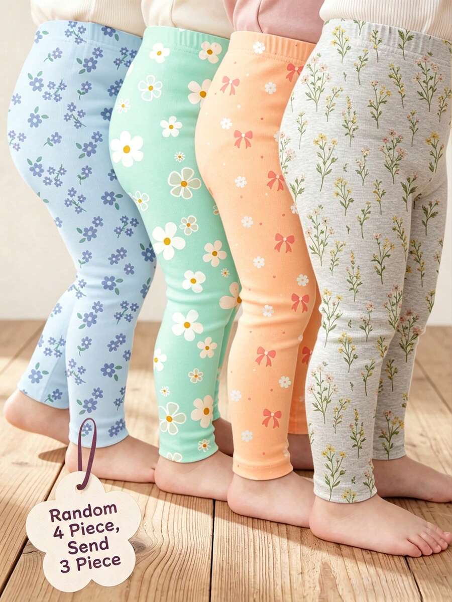 SHEIN [隨機4件，發送3件]旋轉進入春夏，多巴胺奶油春夏配色，波希米亞花卉、雛菊、植物、蝴蝶結系列，女嬰可愛舒適休閒彈性內搭褲 - 彩色 - 查看 1