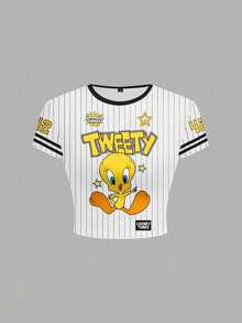 LOONEY TUNES X SHEIN 女士修身条纹卡通图案撞色滚边短袖T恤 - 白色 - 查看 3