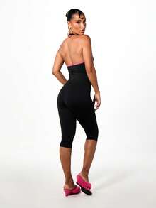 BABYPHAT Logo Script Print Halter Neck Backless Capri Jumpsuit Bodycon Fit Y2K Style - Brown - View 2
