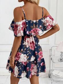 SHEIN Clasi 女款粉色與白色荷葉邊V領露肩短袖優雅休閒街頭風度假浪漫春夏季迷你洋裝 - 彩色 - 查看 2