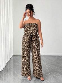 SHEIN Clasi Plus Size Women's Leopard Print Waist Tie Strapless Jumpsuit Vacation Dates Beige Summer Sexy Business Casual - Coffee Brown - View 5