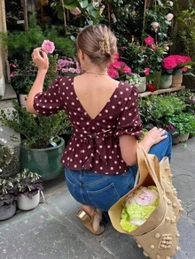 SHEIN Frenchy Women's Back Lace-Up Open Back Puff Sleeve Brown And Pink Polka Dot Blouse Summer Vintage French Elegant Vacation - Brown - View 5