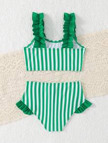 SHEIN Young Girl Spaghetti Strap Striped Vacation Style Bikini Set - Green - View 2