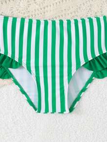 SHEIN Young Girl Spaghetti Strap Striped Vacation Style Bikini Set - Green - View 5
