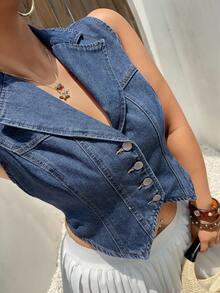 Dazy Plus Plus Size Denim Washed Cropped Sleeveless Vest Top Blogger Style For Spring Summer Holiday Navy Blue - Medium Wash - View 9