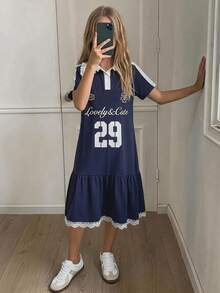 DAZY Tween Girl Letter & Number Print Pleated Casual Vacation Travel Dress - Navy Blue - View 2