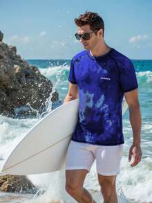 ZELFYO Men's Tie-Dye Pattern Raglan Sleeve Short Sleeve Crew Neck Swim Shirt Sun Protection - Royal Blue - View 5