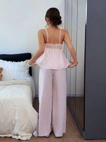 Napfluff Women's Lace Patchwork Pleated Camisole Top And Long Pants Casual Daily Home Pajama Set - Pink - View 2