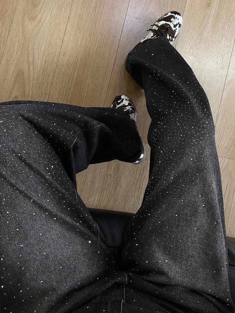 DAZY Shiny Rhinestone Vintage Street Wear Y2k Street Style Loose Straight Leg Casual Jeans For Women, Suitable  Summer, Autumn Night Out Dark Wash - Black - View 2