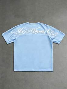 Manfinity Roughcore Men's Short Sleeve T-Shirt, Back Large Line Letter Print, Handwritten English Font Design, Street Fashion, Versatile Casual T-Shirt, Raglan Sleeve Print, Suitable For Home, Outings And Travel, Gift For Son Or Husband - Blue - View 4