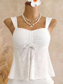 SHEIN Swim 2026 New Spring Summer Plus Size Women's New Fabric Drawstring Bust Skirt Style Wide Strap Top With Regular Triangle Bottom Sexy Casual Beach Party Swimwear Set - White - View 4