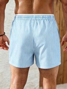 Palasendo Men's Striped Drawstring Waist Beach Shorts For Vacation - Baby Blue - View 2