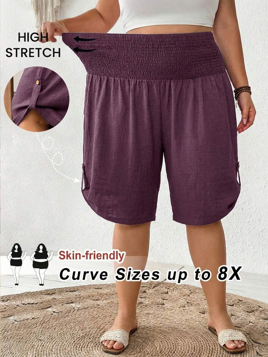 SHEIN CURVE+ 大尺碼女款夏季休閒抽繩腰七分百慕達短褲高腰 - 紫色 - 查看 1