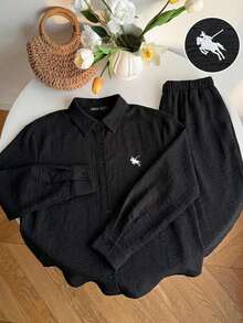 SHEIN EZwear 大码女式骑士印花单排扣长袖上衣和阔腿裤休闲两件套 - 黑色 - 查看 4