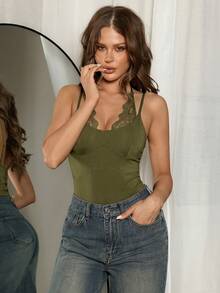 SHEIN ICON Y2k Casual Women's Olive Green Club Everyday Sexy Coachella Going Out Solid Color Contrast Lace Sleeveless Top Summer - Army Green - View 6
