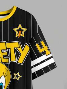LOONEY TUNES X SHEIN 大码女式休闲圆领条纹字母卡通印花夏季连衣裙 - 白色 - 查看 4